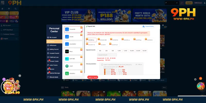 Deposit funds through 9PH payment methods