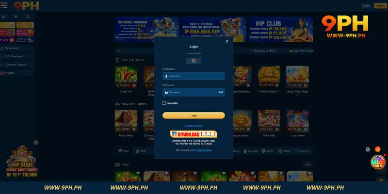 Login interface of 9PH casino platform