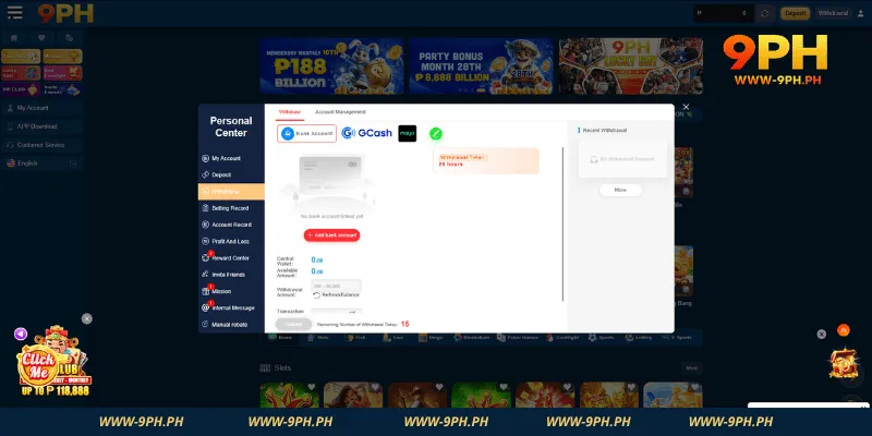 Withdraw winnings from 9PH account securely
